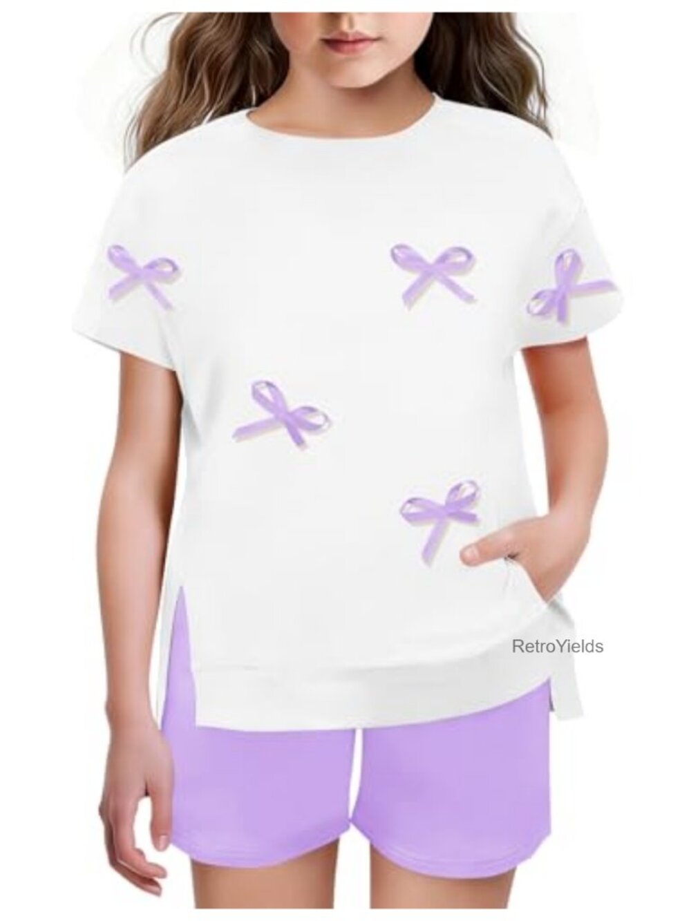 Girls Summer 2PC Outfit Bow Tee & Elastic Shorts Set Cotton Spandex